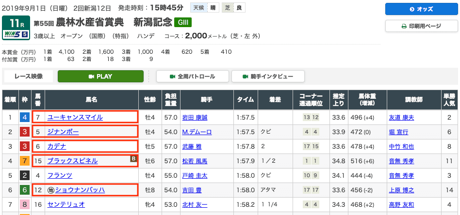 新潟記念レース結果
